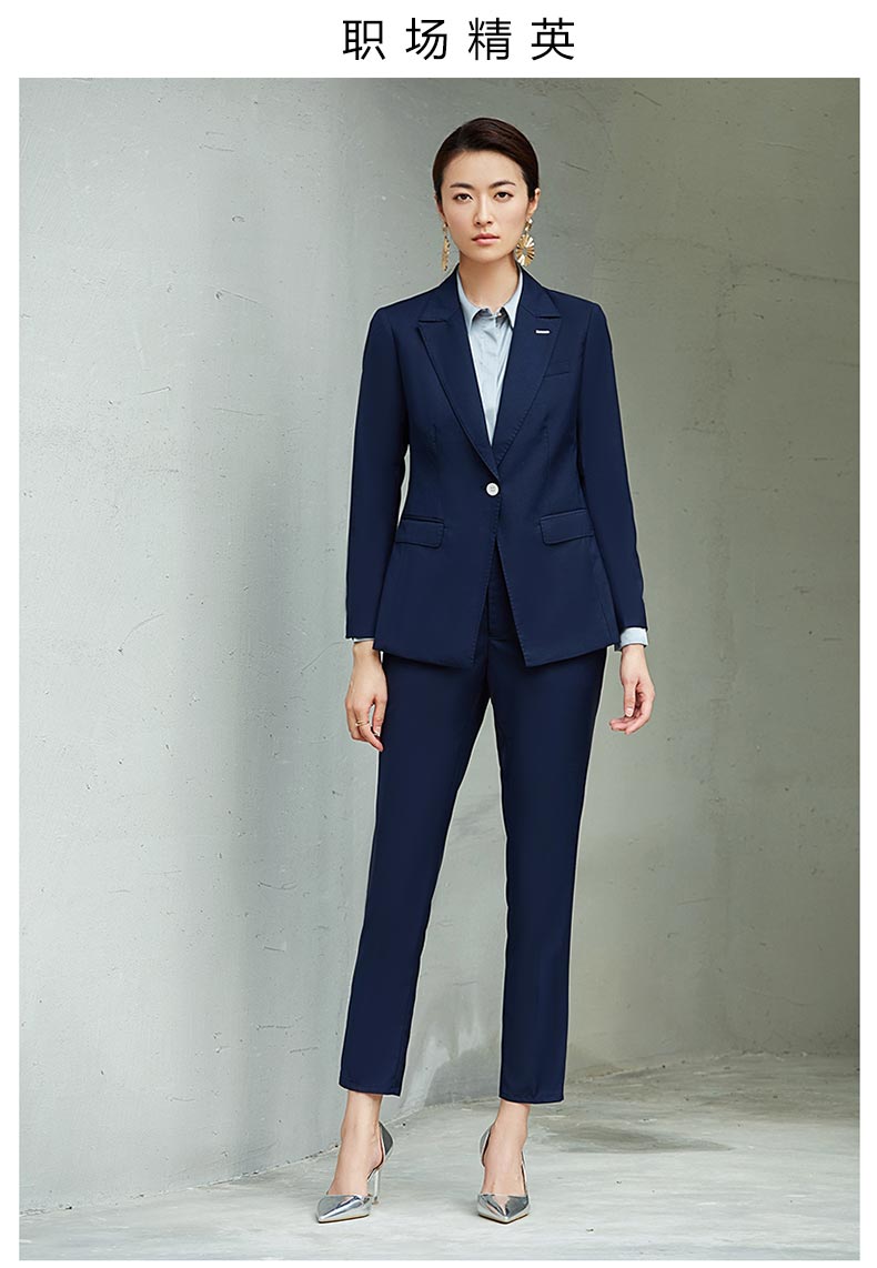 女款藍(lán)色單扣職業(yè)西裝定做款式圖